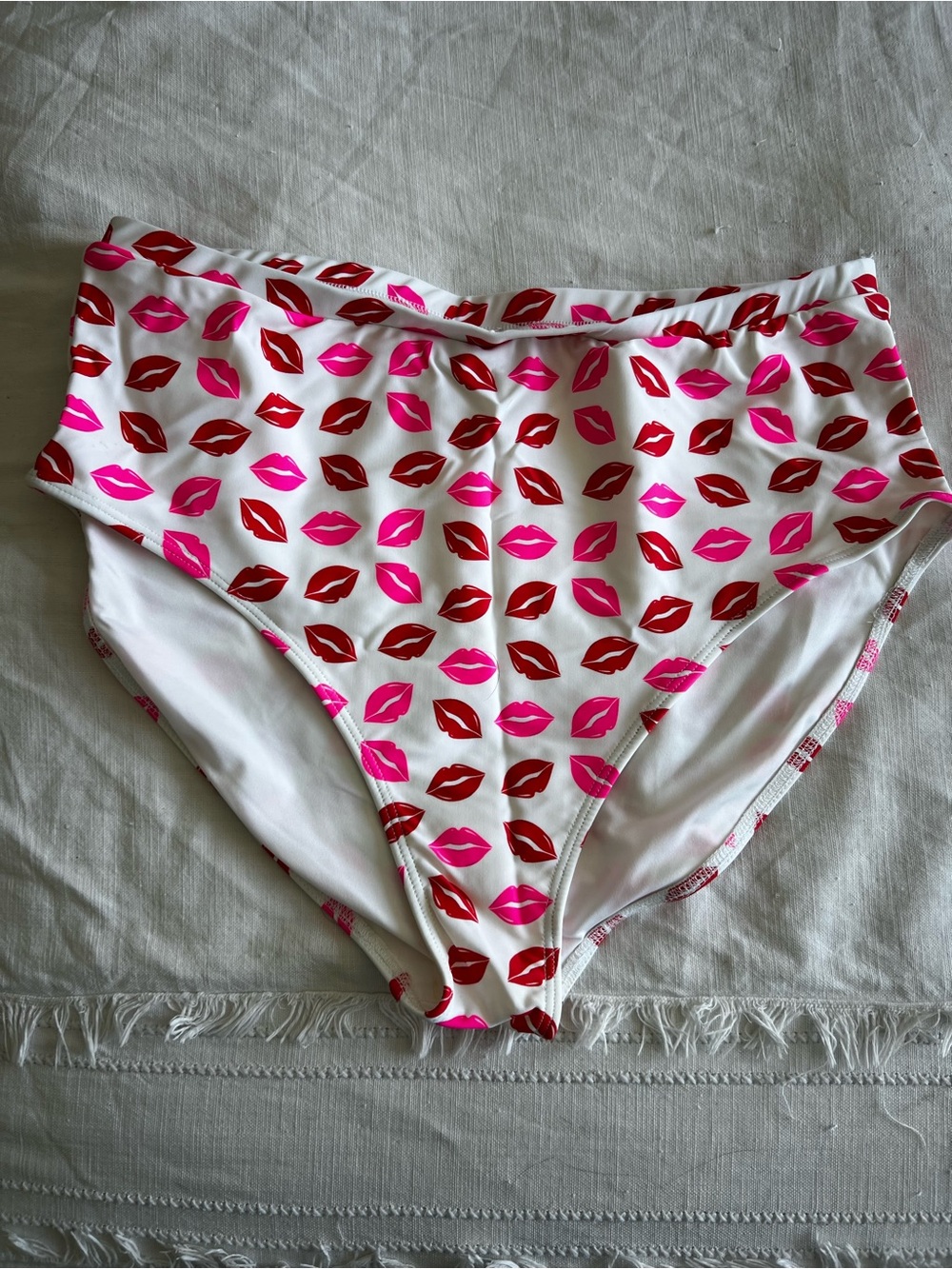 Pink Desert x Sassy Red Lipstick Lip Print High Waisted Bikini Bottoms